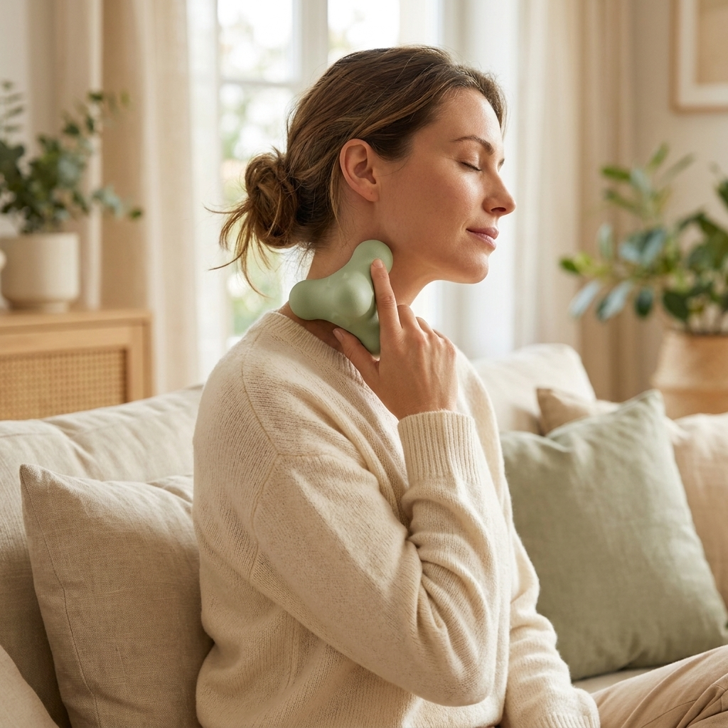 Femme utilisant la boule de massage Relaxialis sur sa nuque