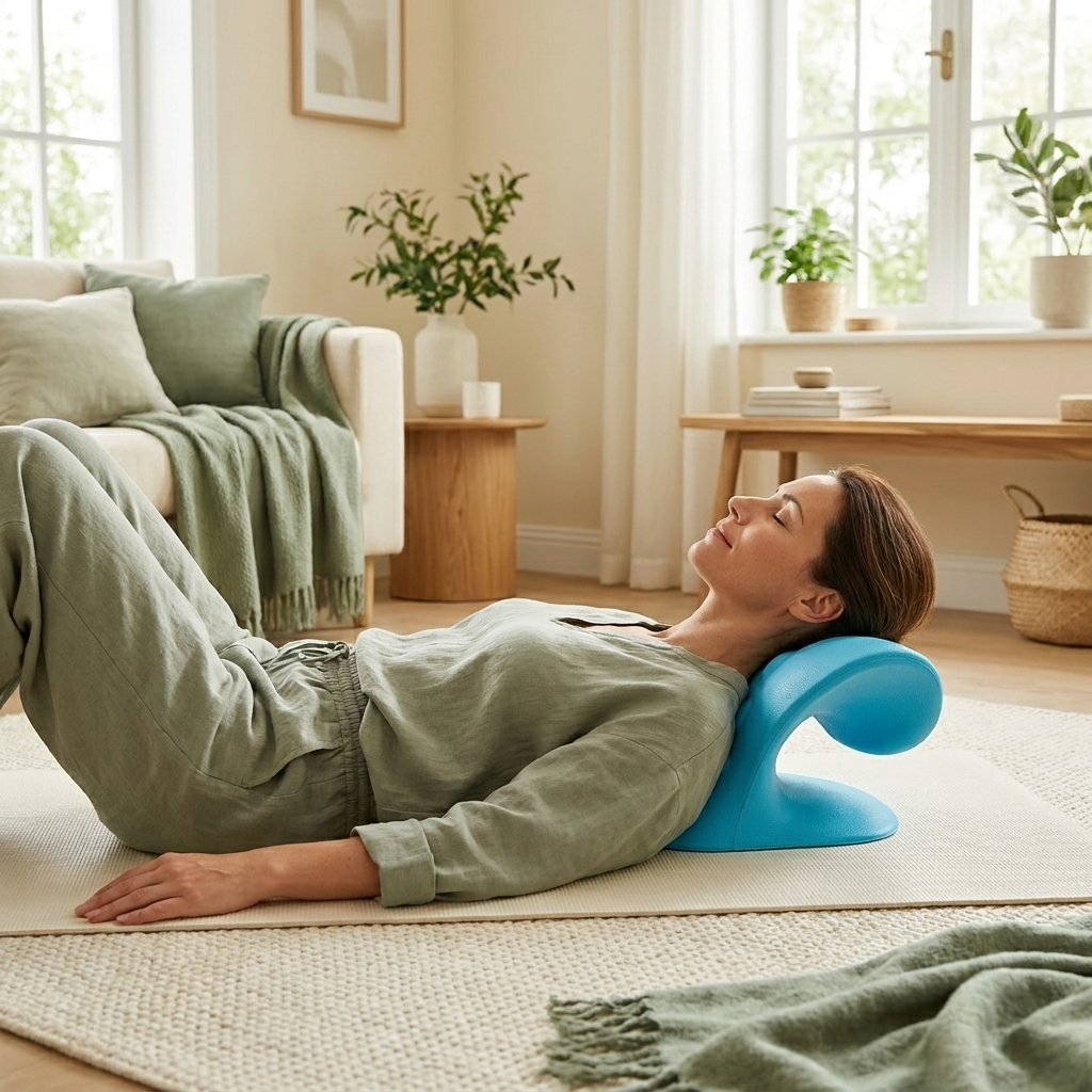 Femme allongée utilisant l'oreiller cervical Relaxialis, nuque détendue