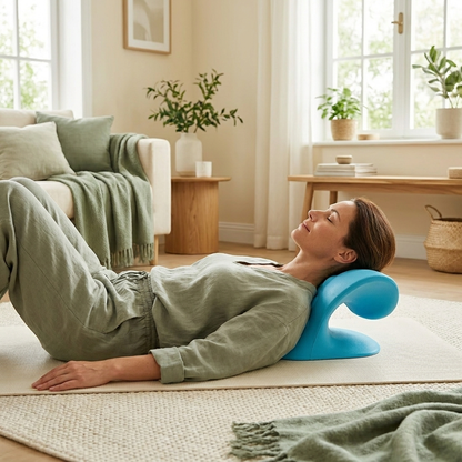 Femme allongée utilisant l'oreiller cervical Relaxialis, nuque détendue