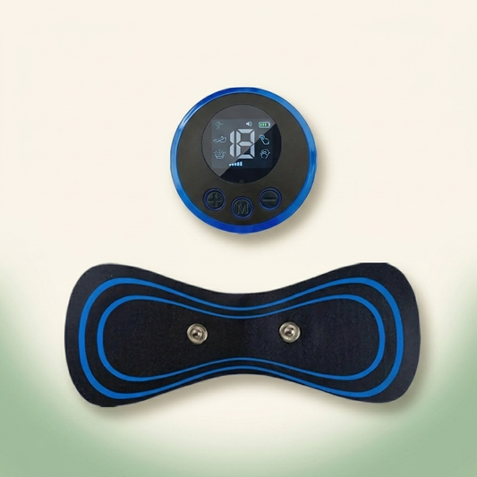 Mini masseur EMS Relaxialis — patch papillon et télécommande avec écran