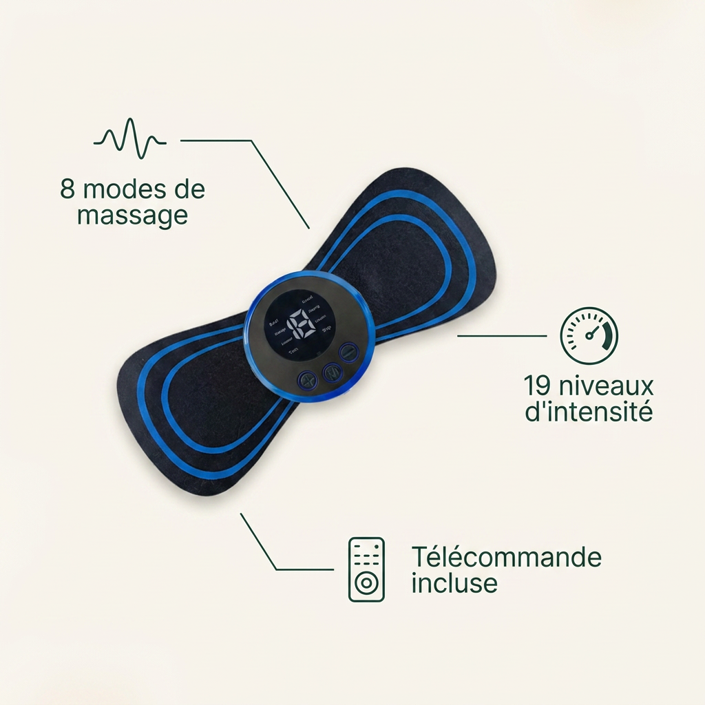 Mini masseur EMS Relaxialis — 8 modes de massage, 19 niveaux d'intensité, télécommande incluse