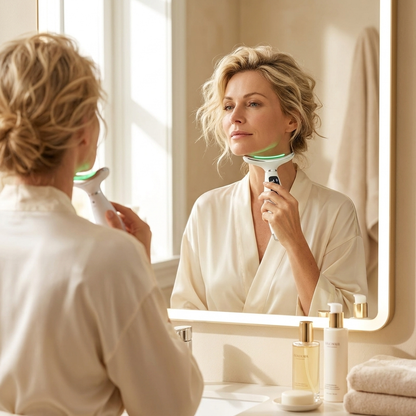 Femme utilisant le masseur visage et cou Relaxialis devant son miroir