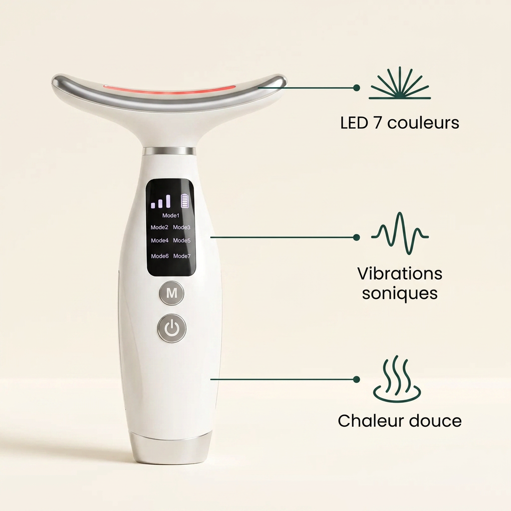 Masseur visage et cou Relaxialis — LED 7 couleurs, vibrations soniques, chaleur douce