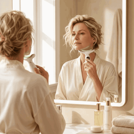 Démonstration du masseur visage et cou Relaxialis devant le miroir